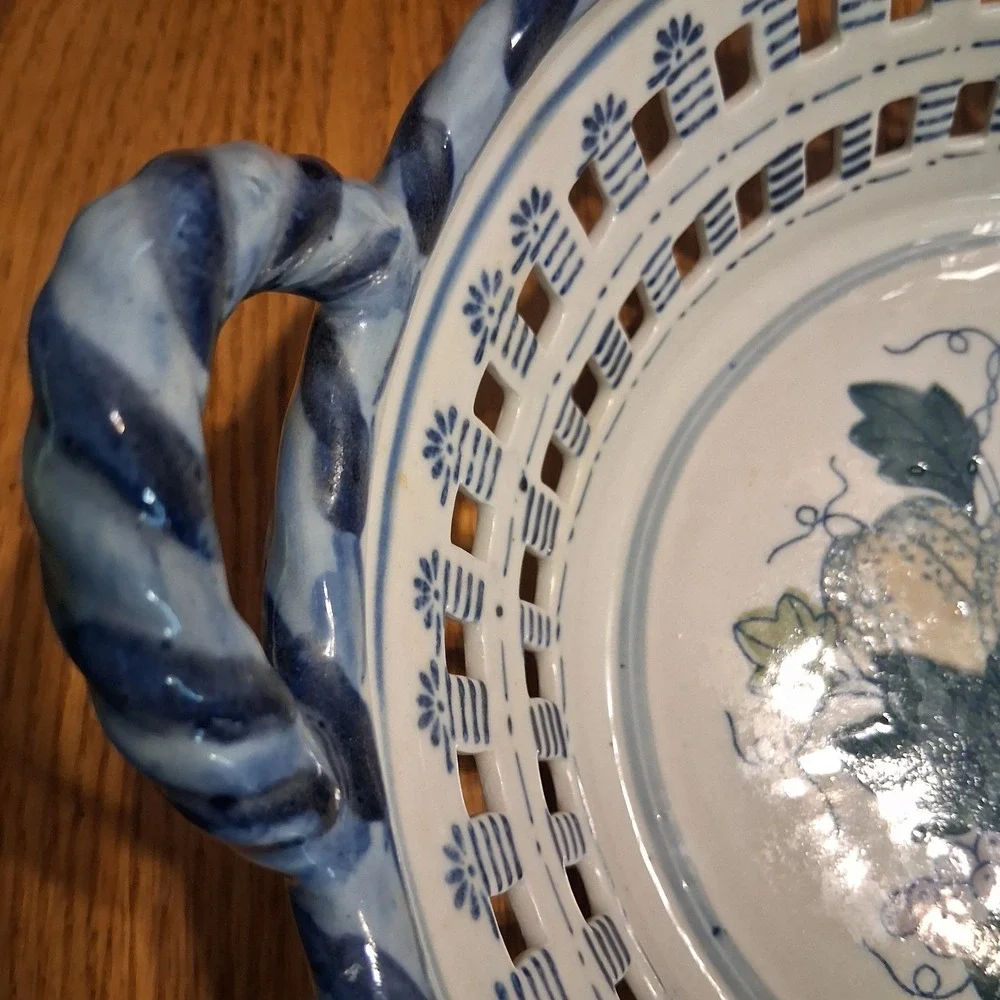 Vintage 90s Cottagecore Stoneware Basket Handles Fruit Lattice Butter Mom